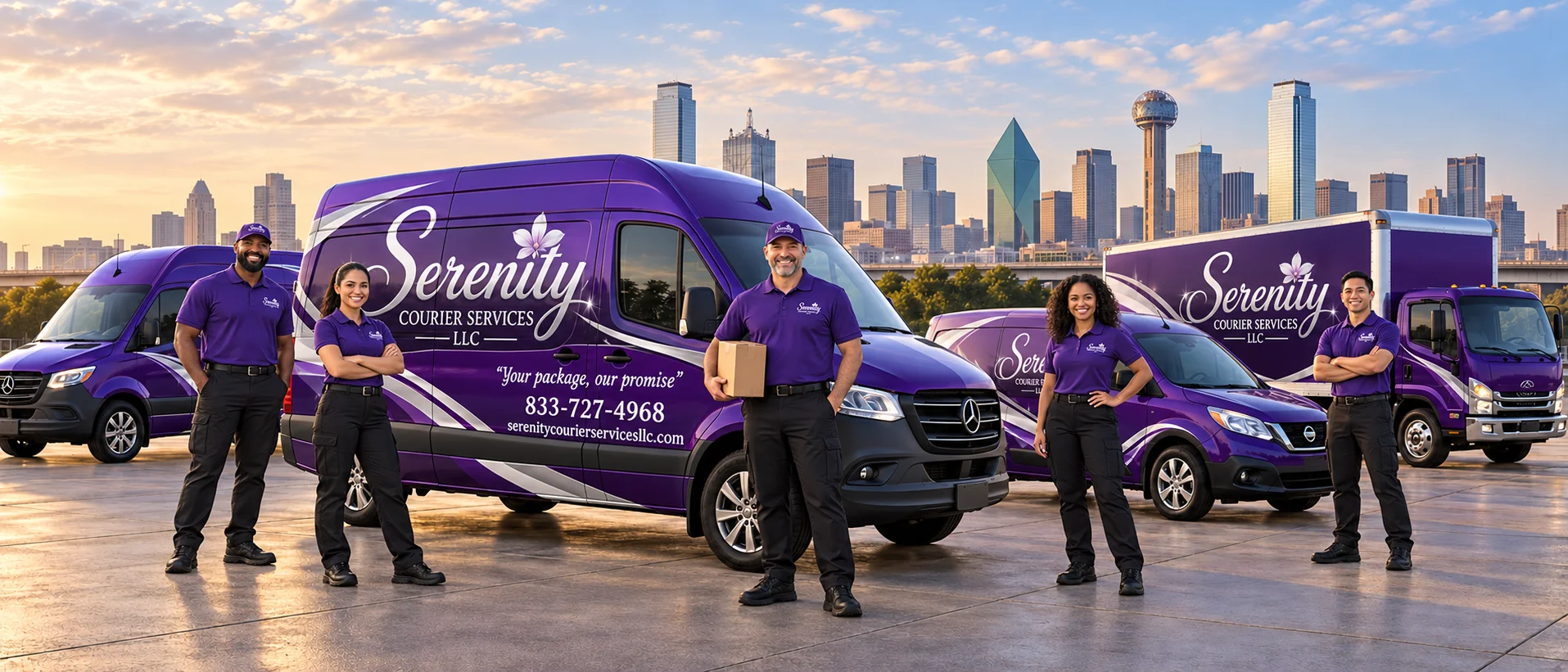 Serenity Courier Services courier with a purple delivery van in Dallas