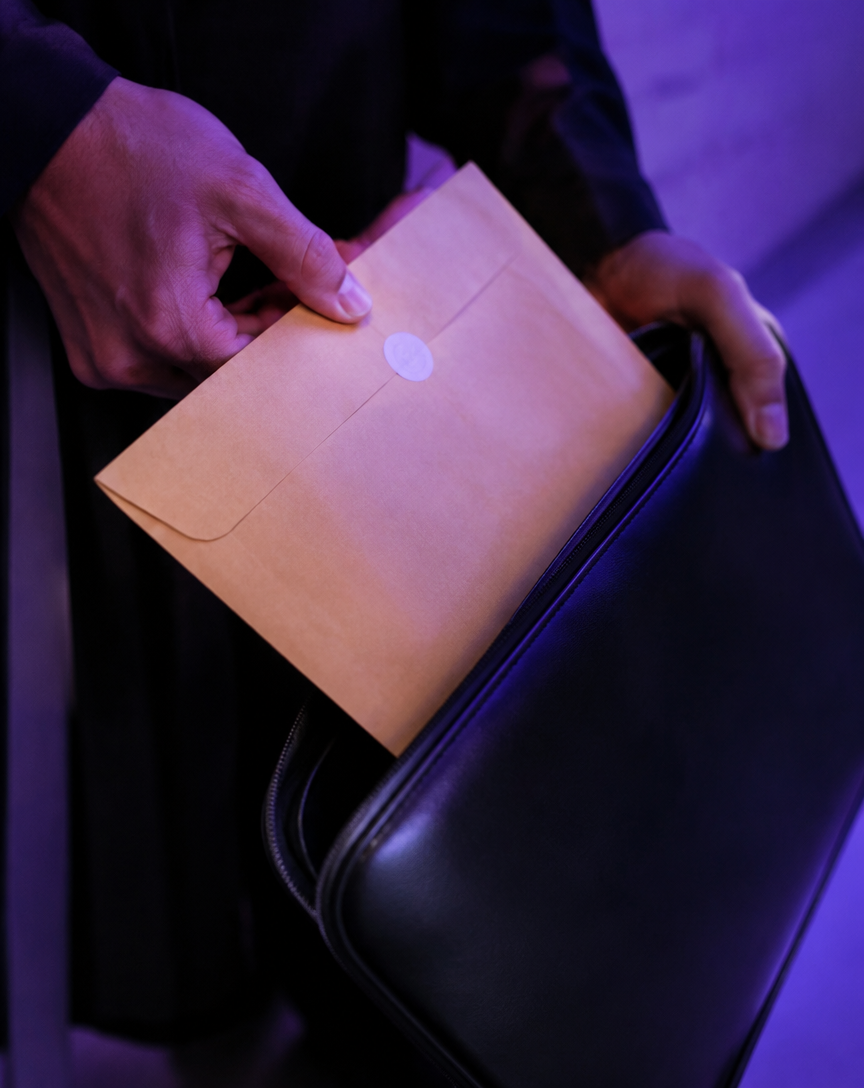 Hands sliding a sealed document envelope into a slim courier case
