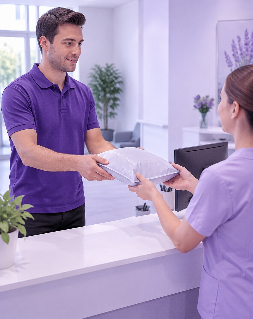 Courier handing a sealed, unmarked courier bag to staff at a clinic reception desk
