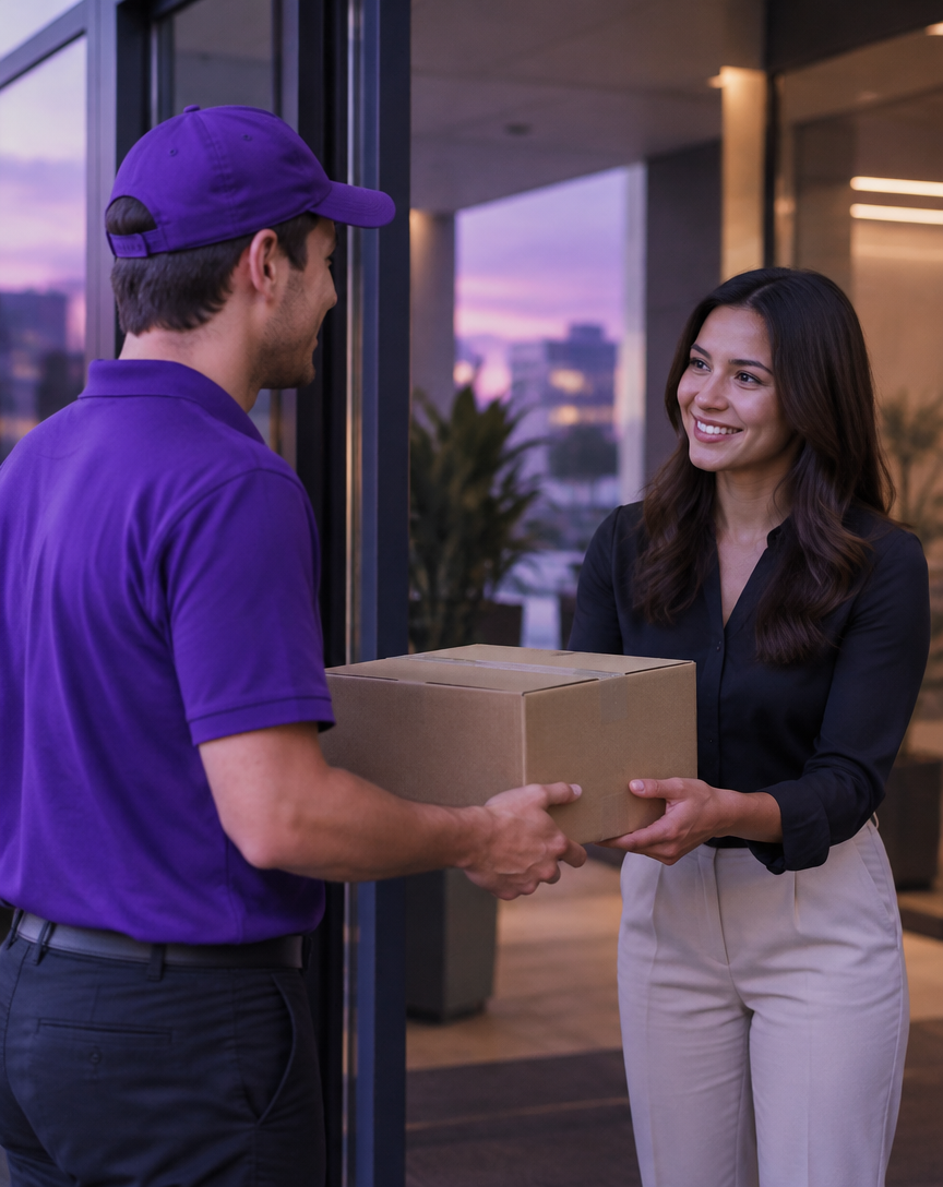 Courier handing a sealed box to a smiling customer at a modern office entrance