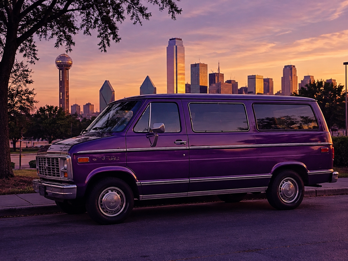 Purple delivery van parked at a Dallas curb at golden hour